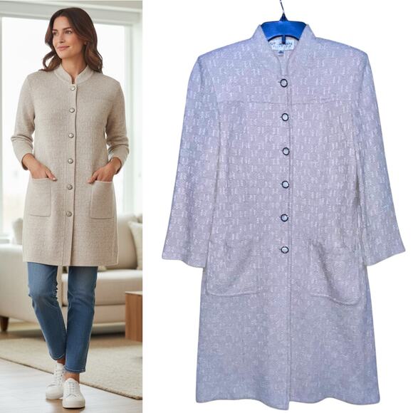 St. John Collection Sweaters - St. John Long Cardigan Sweater 8 Cream Santana Knit Pockets Shoulder Pads